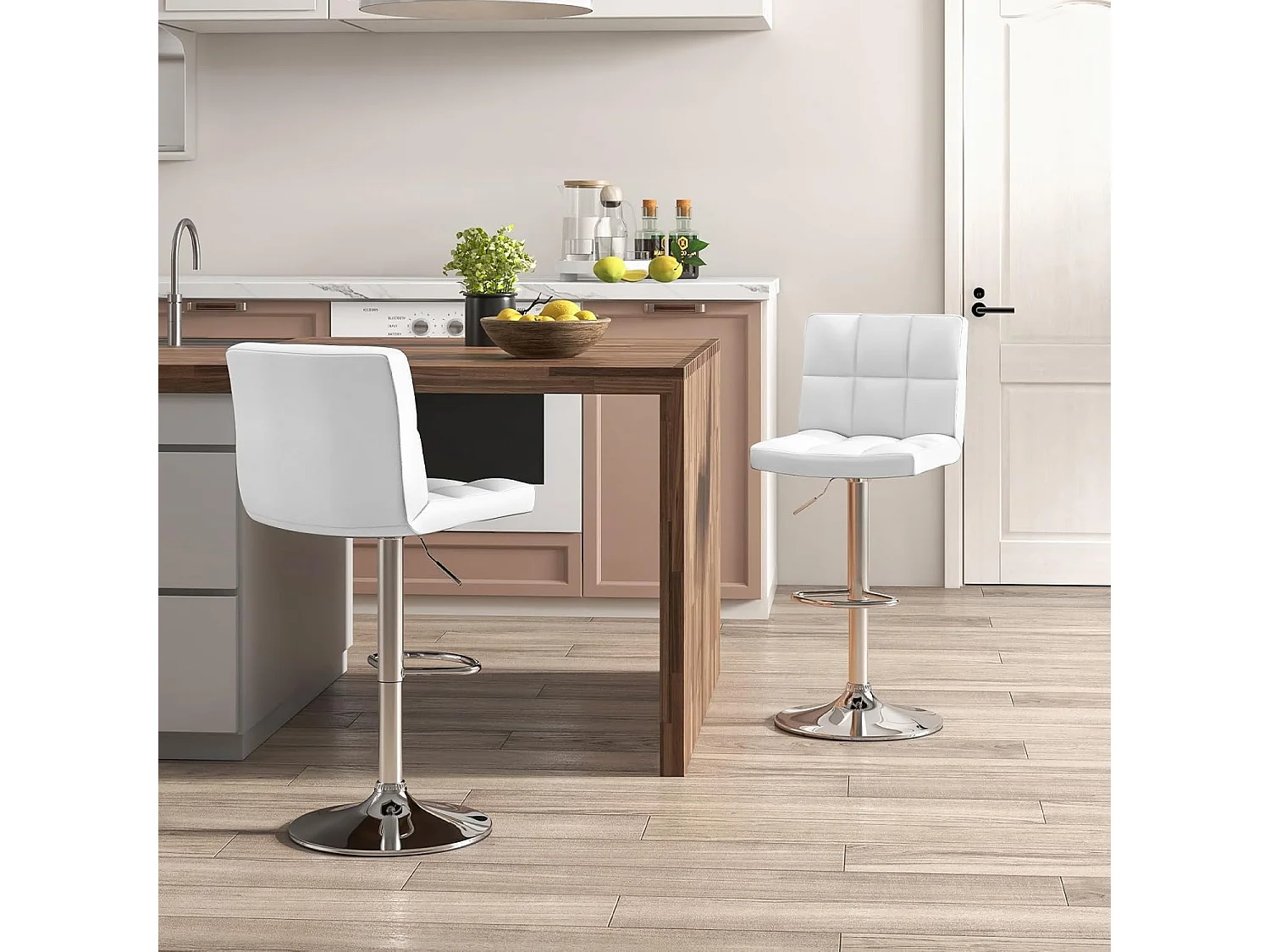 Lot de 2 Tabourets de Bar, Chaise Bar Pivotante, Hauteur Réglable, Chaises de Bar en Cuir PU, Repose-Pieds, Cadre en Métal Galvanisé (Blanc)