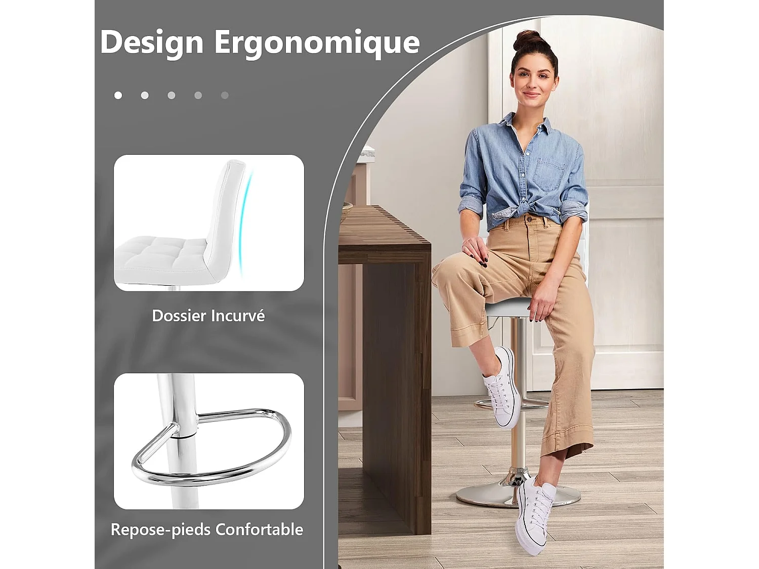 Lot de 2 Tabourets de Bar, Chaise Bar Pivotante, Hauteur Réglable, Chaises de Bar en Cuir PU, Repose-Pieds, Cadre en Métal Galvanisé (Blanc)