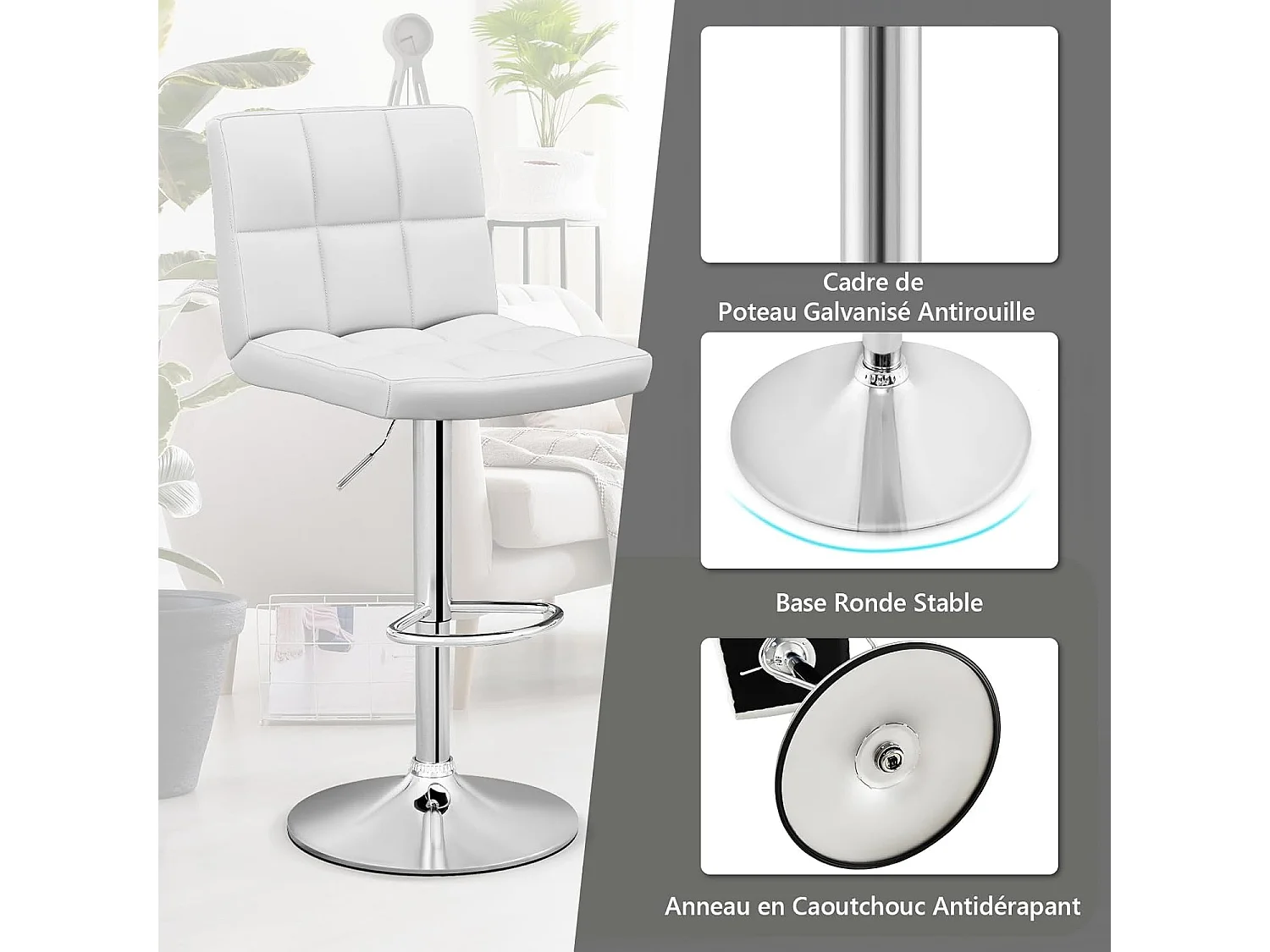 Lot de 2 Tabourets de Bar, Chaise Bar Pivotante, Hauteur Réglable, Chaises de Bar en Cuir PU, Repose-Pieds, Cadre en Métal Galvanisé (Blanc)