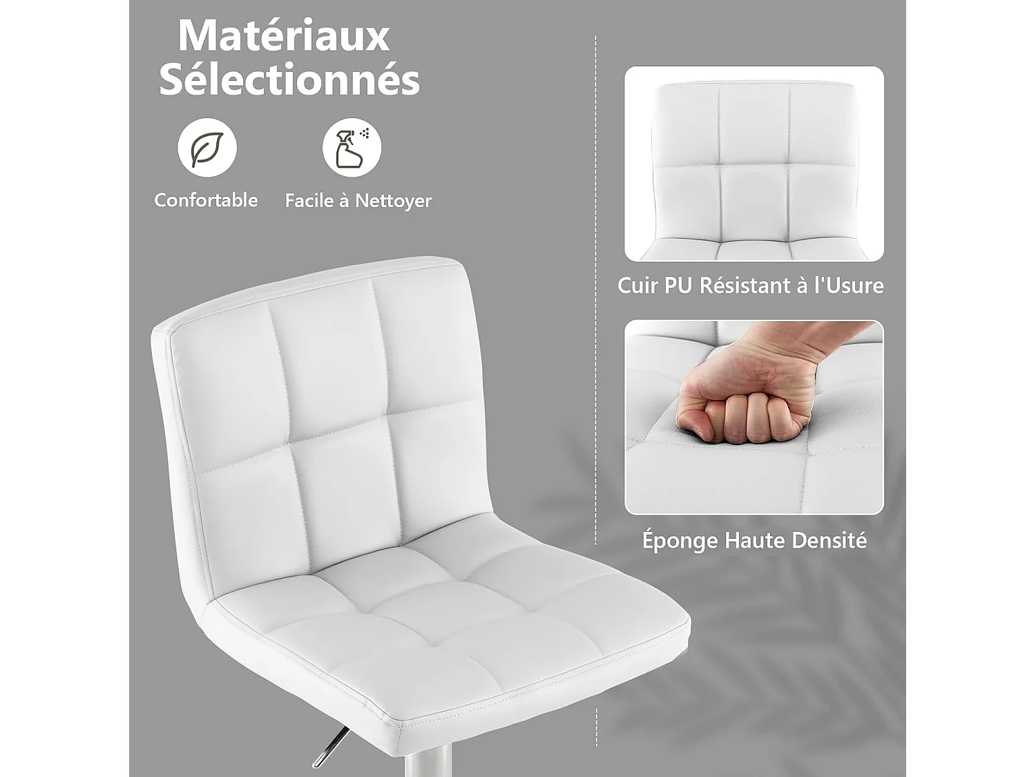 Lot de 2 Tabourets de Bar, Chaise Bar Pivotante, Hauteur Réglable, Chaises de Bar en Cuir PU, Repose-Pieds, Cadre en Métal Galvanisé (Blanc)