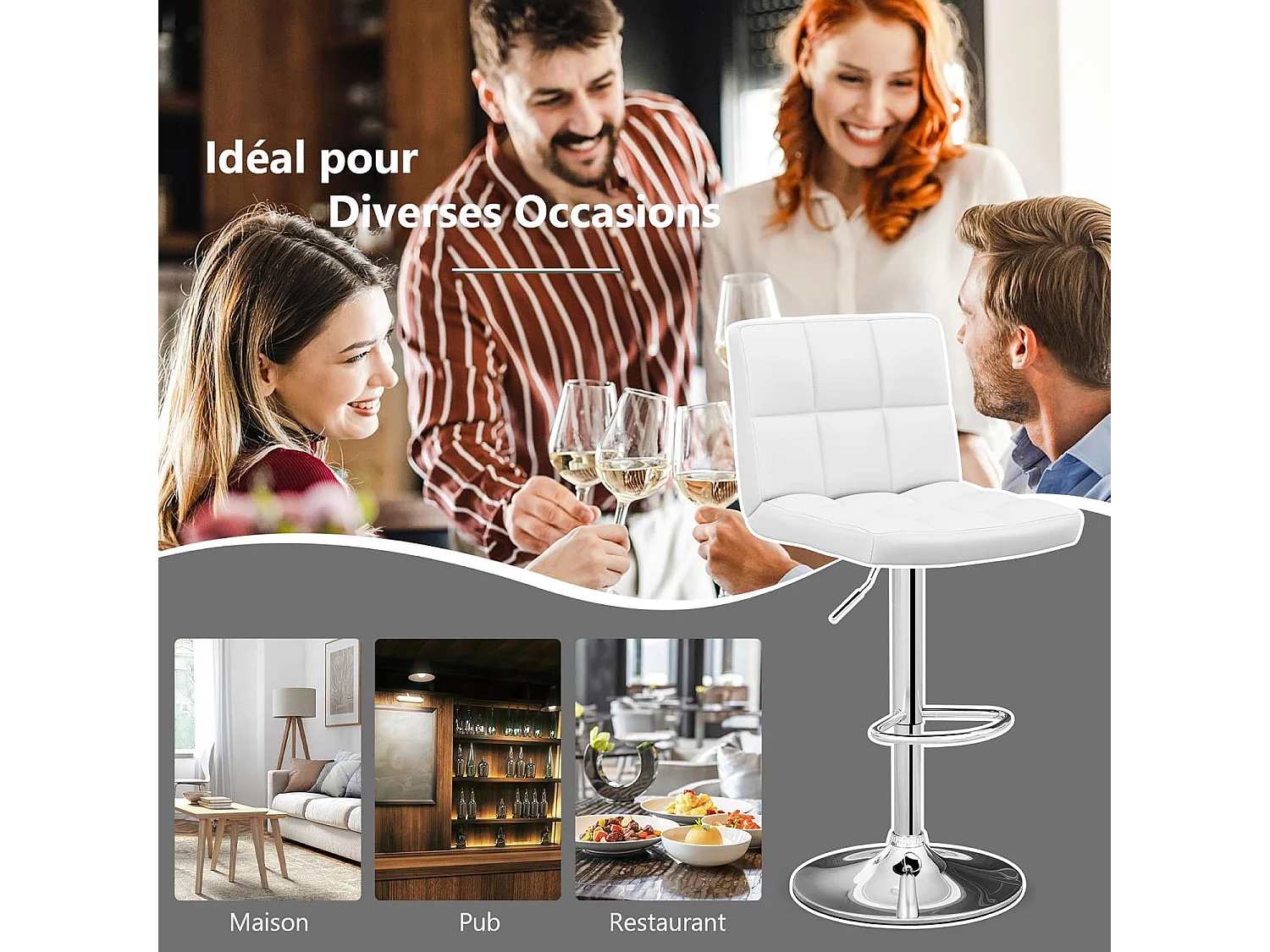 Lot de 2 Tabourets de Bar, Chaise Bar Pivotante, Hauteur Réglable, Chaises de Bar en Cuir PU, Repose-Pieds, Cadre en Métal Galvanisé (Blanc)