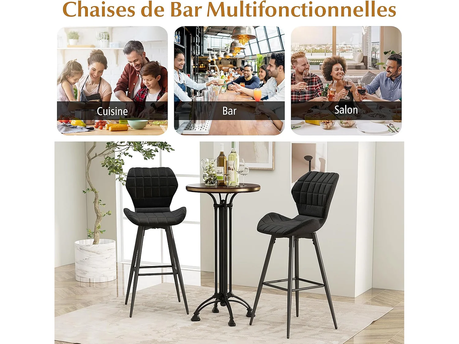 Tabouret de bar, chaise de bar lot de 2, hauteur d'assise 71,5 cm, dossier incurvé