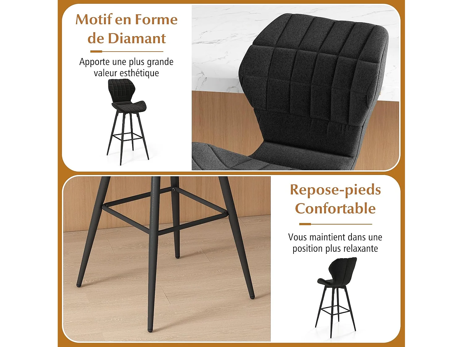 Tabouret de bar, chaise de bar lot de 2, hauteur d'assise 71,5 cm, dossier incurvé