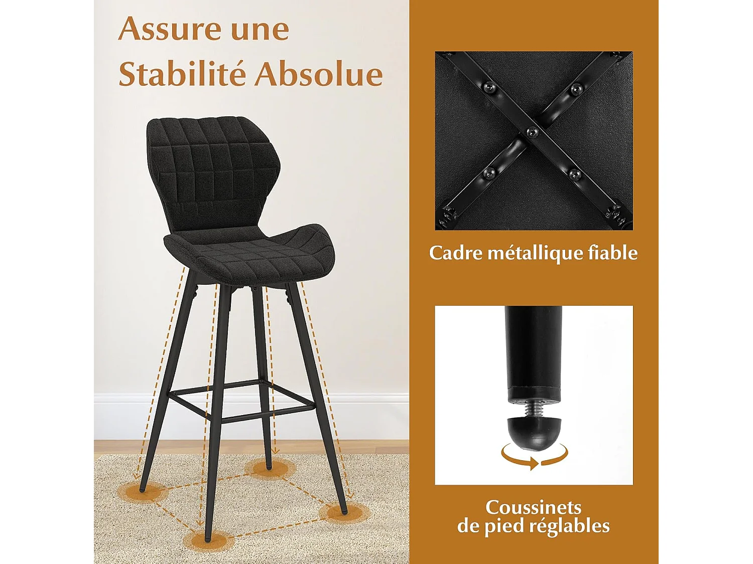 Tabouret de bar, chaise de bar lot de 2, hauteur d'assise 71,5 cm, dossier incurvé
