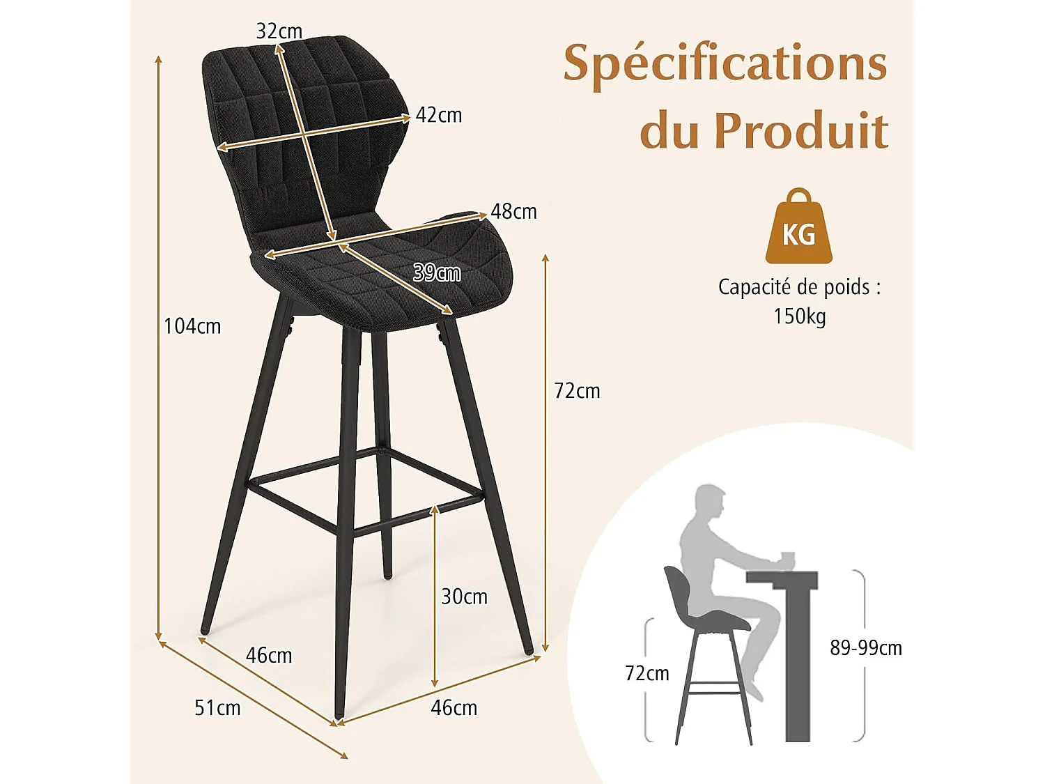 Tabouret de bar, chaise de bar lot de 2, hauteur d'assise 71,5 cm, dossier incurvé