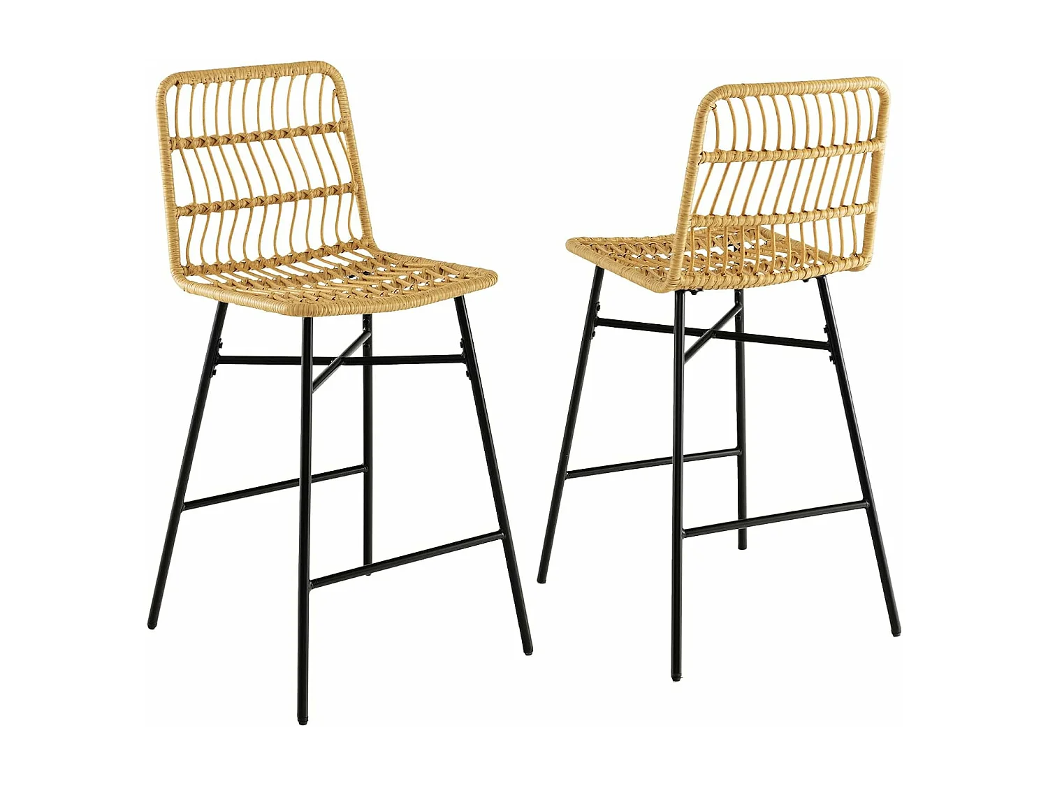 Tabourets de bar lot de 2, rotin pe, siège en cuir pu - 69 cm de haut, style naturel
