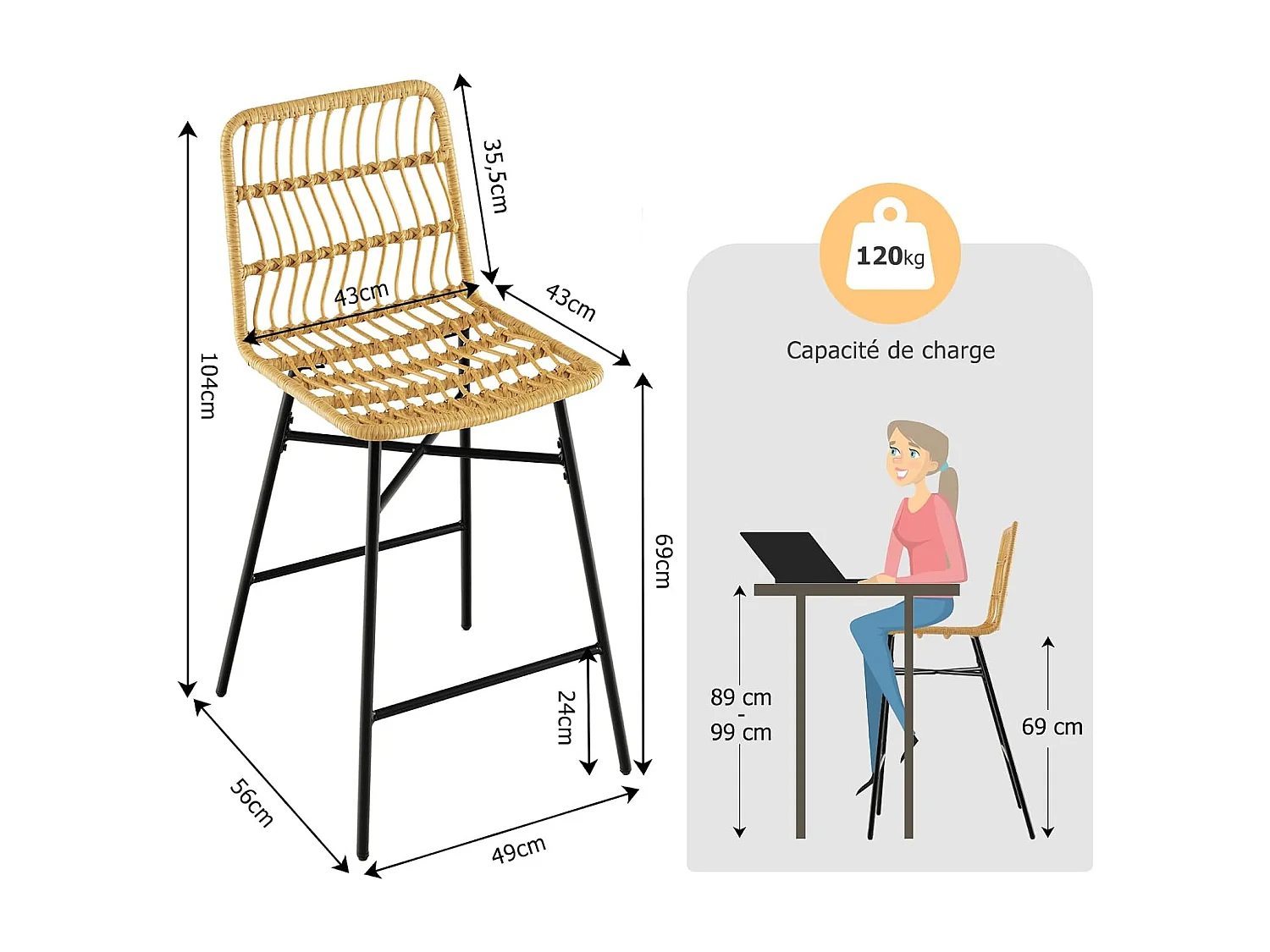 Tabourets de bar lot de 2, rotin pe, siège en cuir pu - 69 cm de haut, style naturel