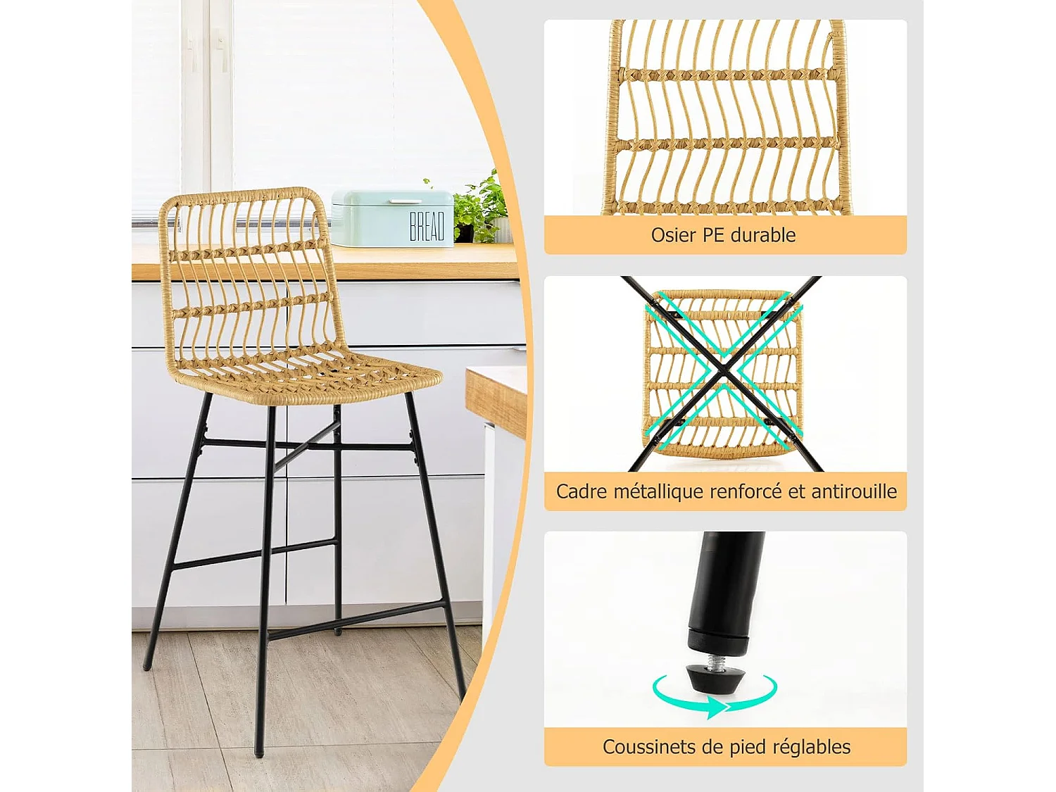 Tabourets de bar lot de 2, rotin pe, siège en cuir pu - 69 cm de haut, style naturel