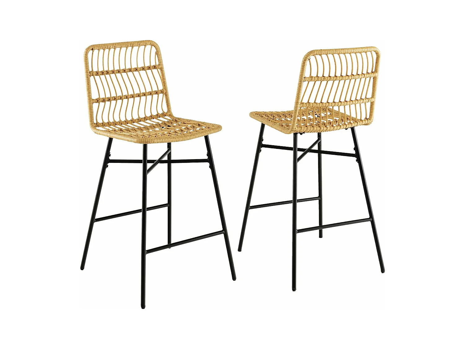 Tabourets de bar lot de 2, rotin pe, siège en cuir pu - 69 cm de haut, style naturel