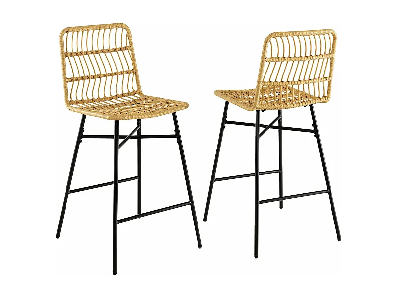 Tabourets de bar lot de 2, rotin pe, siège en cuir pu - 69 cm de haut, style naturel
