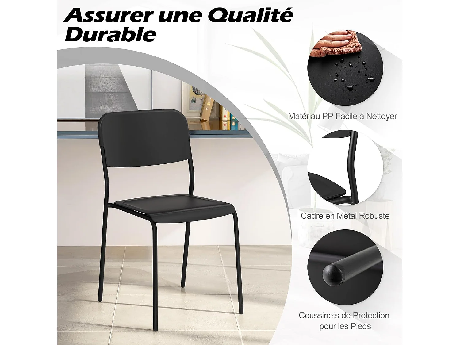 Chaise salle a manger lot de 4, chaise empilables, hauteur d'assise 46 cm (noir)
