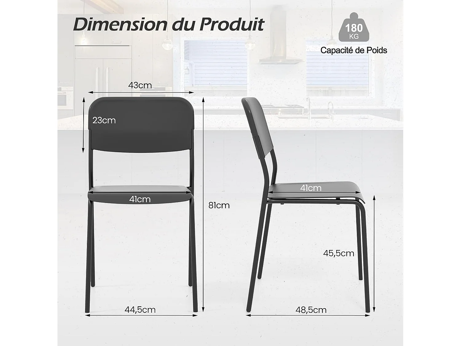 Chaise salle a manger lot de 4, chaise empilables, hauteur d'assise 46 cm (noir)