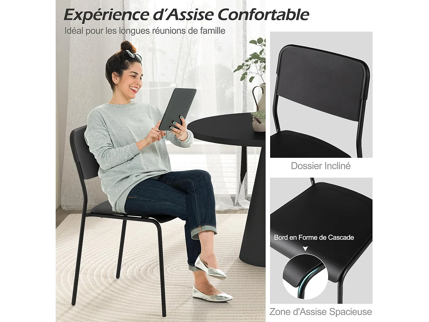 Chaise salle a manger lot de 4, chaise empilables, hauteur d'assise 46 cm (noir)