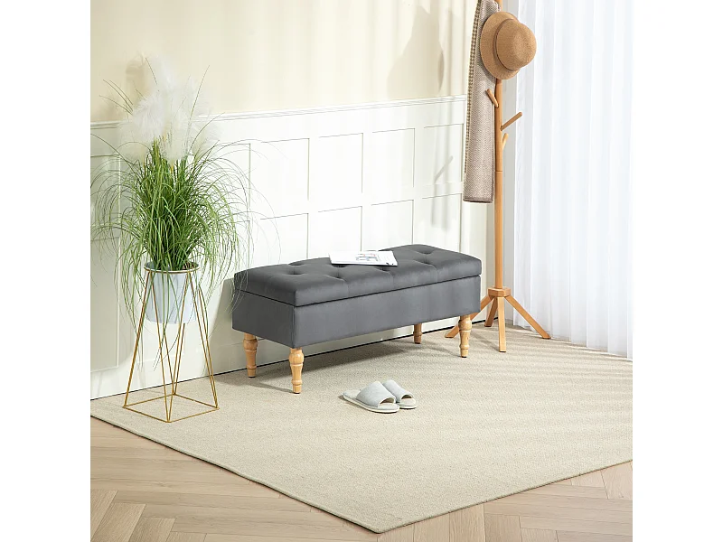 Banquette coffre style baroque - piètement bois assise effet capitonné velours gris