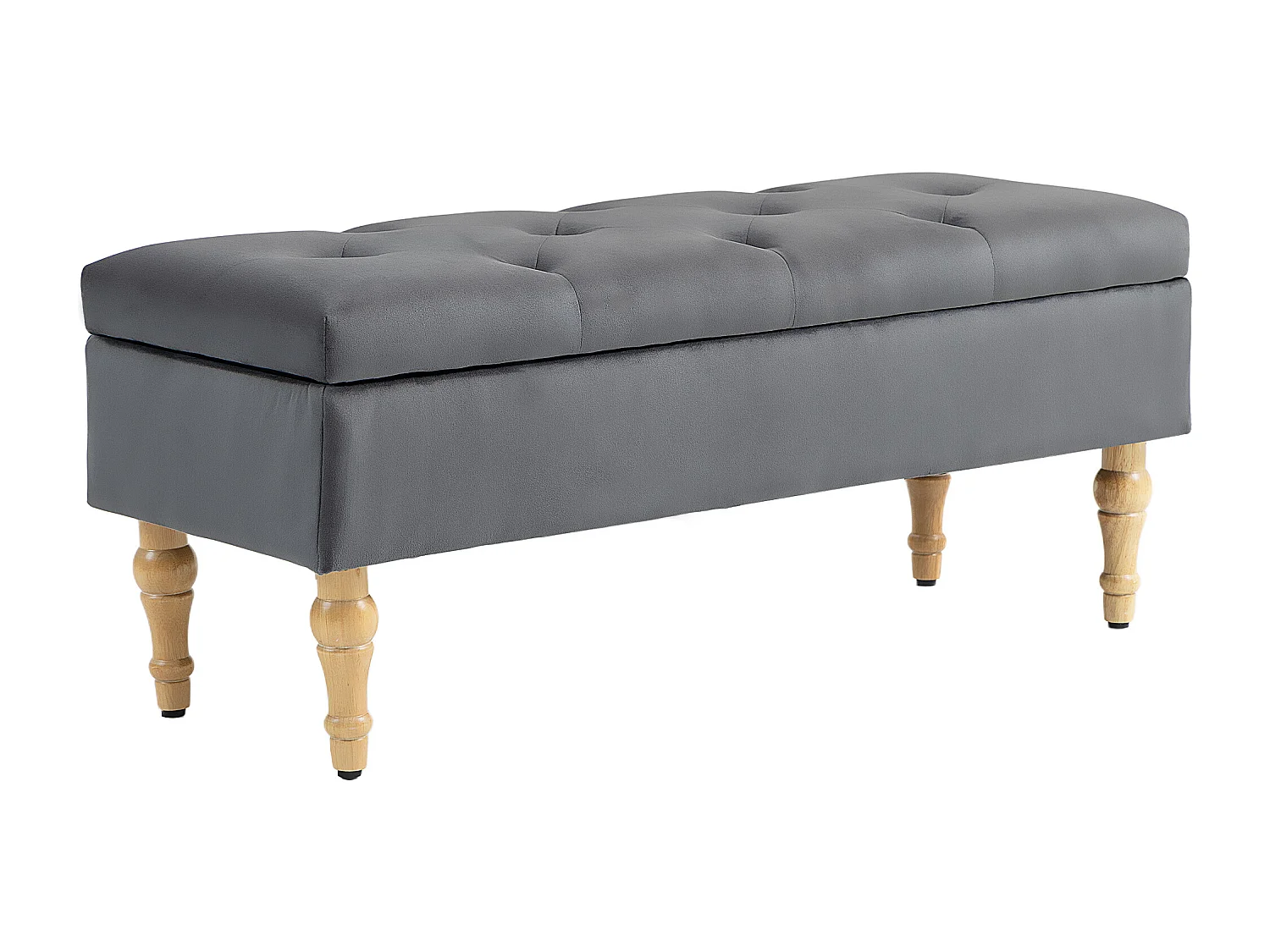 Banquette coffre style baroque - piètement bois assise effet capitonné velours gris