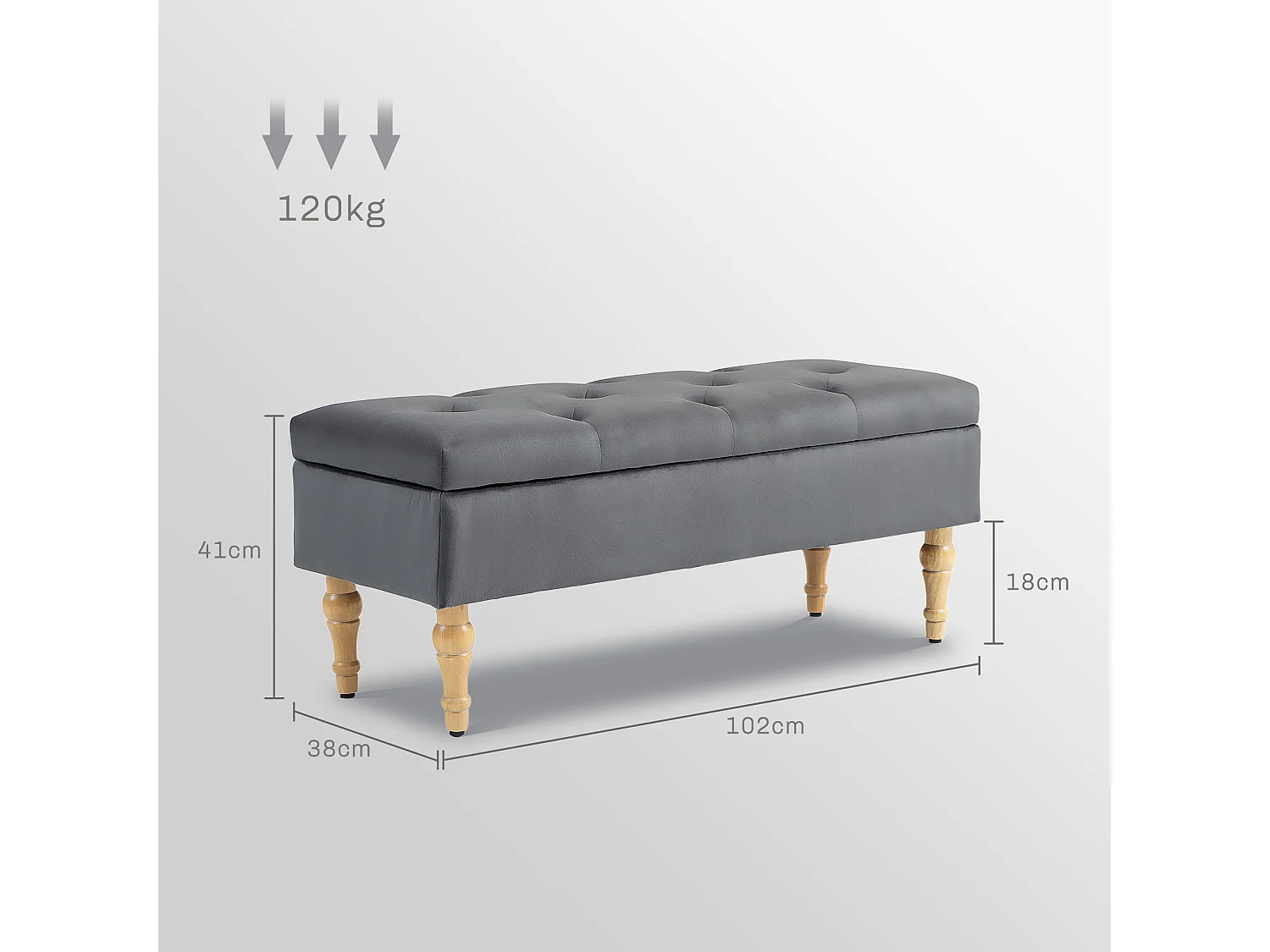 Banquette coffre style baroque - piètement bois assise effet capitonné velours gris