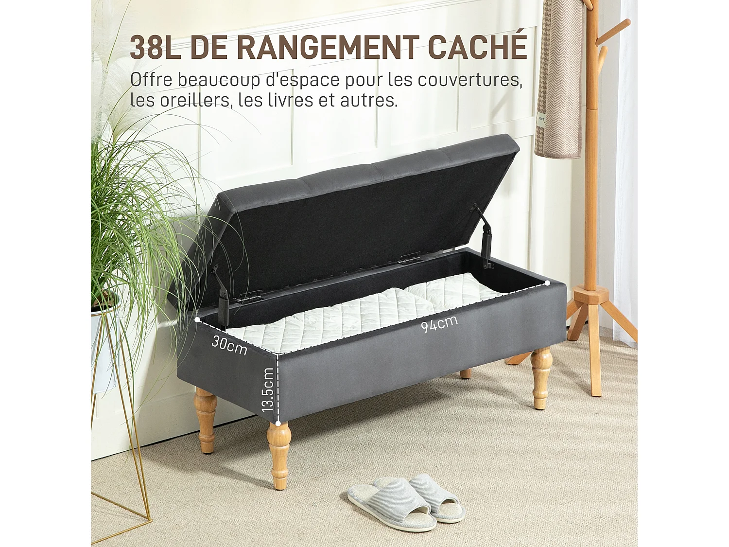 Banquette coffre style baroque - piètement bois assise effet capitonné velours gris