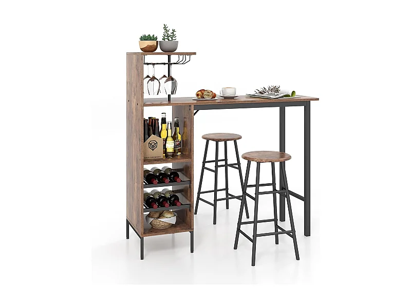 Table Haute Cuisine avec Tabouret,  avec Porte-Verre Porte-Bouteilles, Table Bar avec Tabouret 2 Personnes Compact, Marron