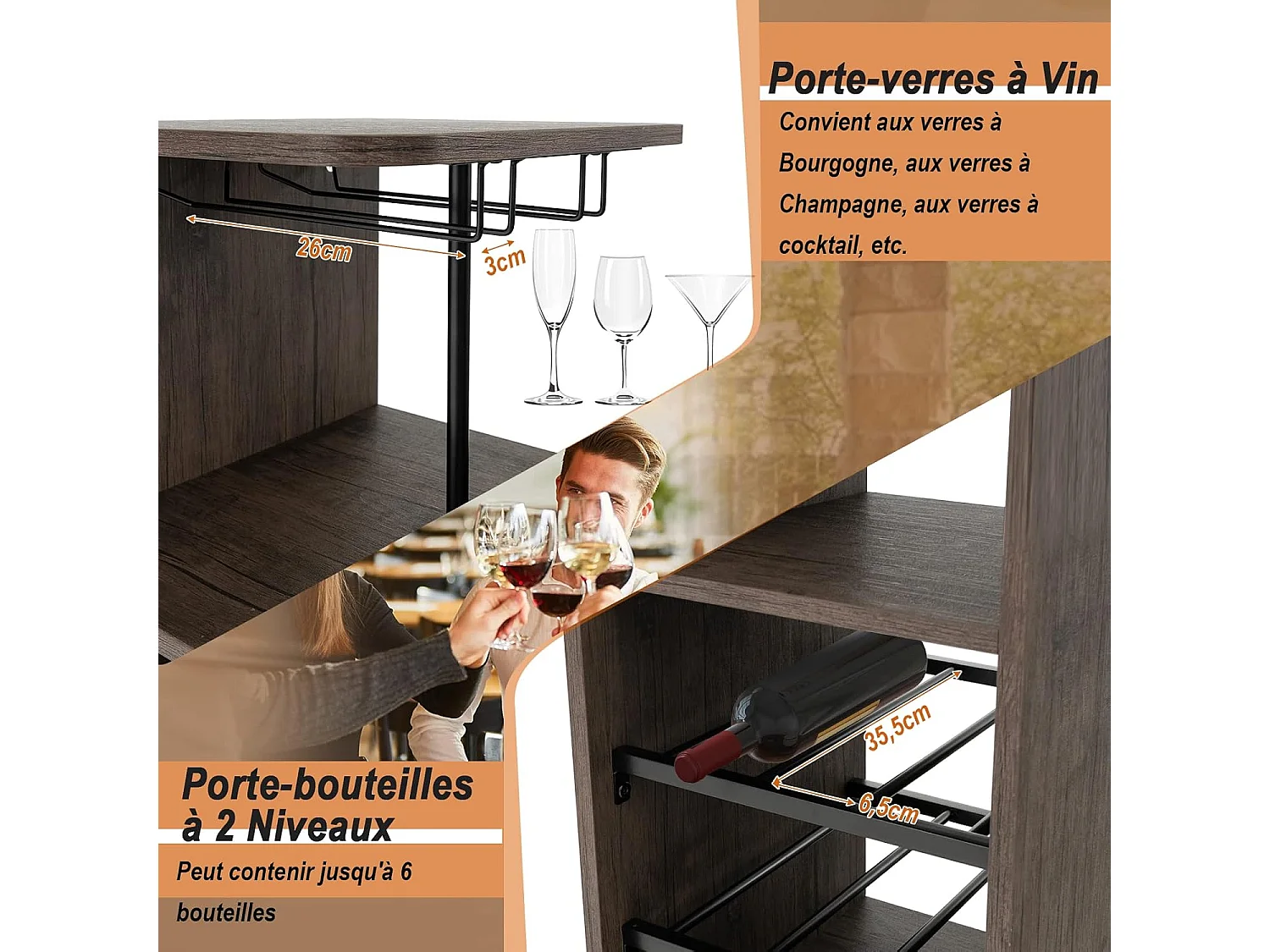 Table Haute Cuisine avec Tabouret,  avec Porte-Verre Porte-Bouteilles, Table Bar avec Tabouret 2 Personnes Compact, Marron
