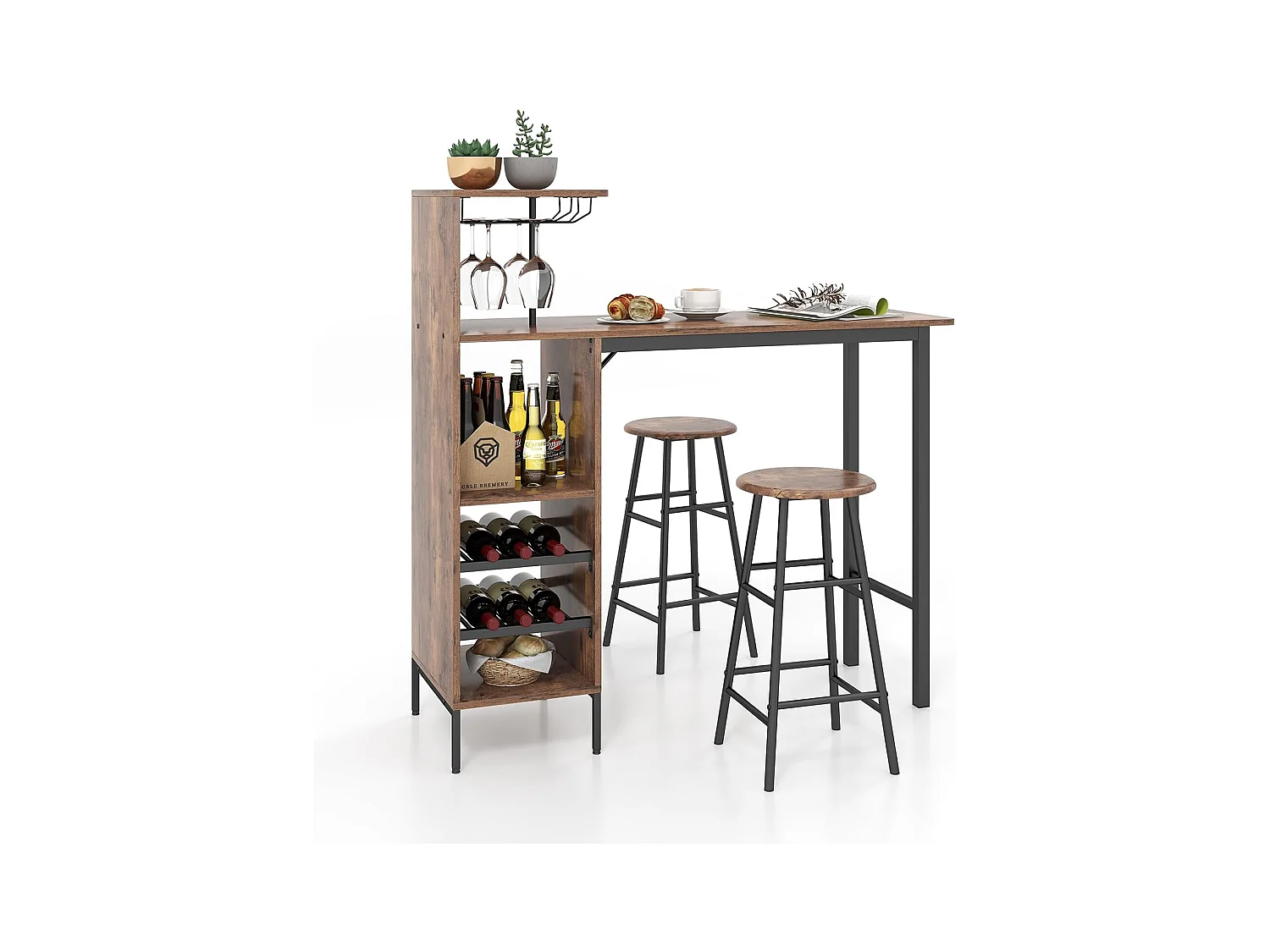 Table Haute Cuisine avec Tabouret,  avec Porte-Verre Porte-Bouteilles, Table Bar avec Tabouret 2 Personnes Compact, Marron