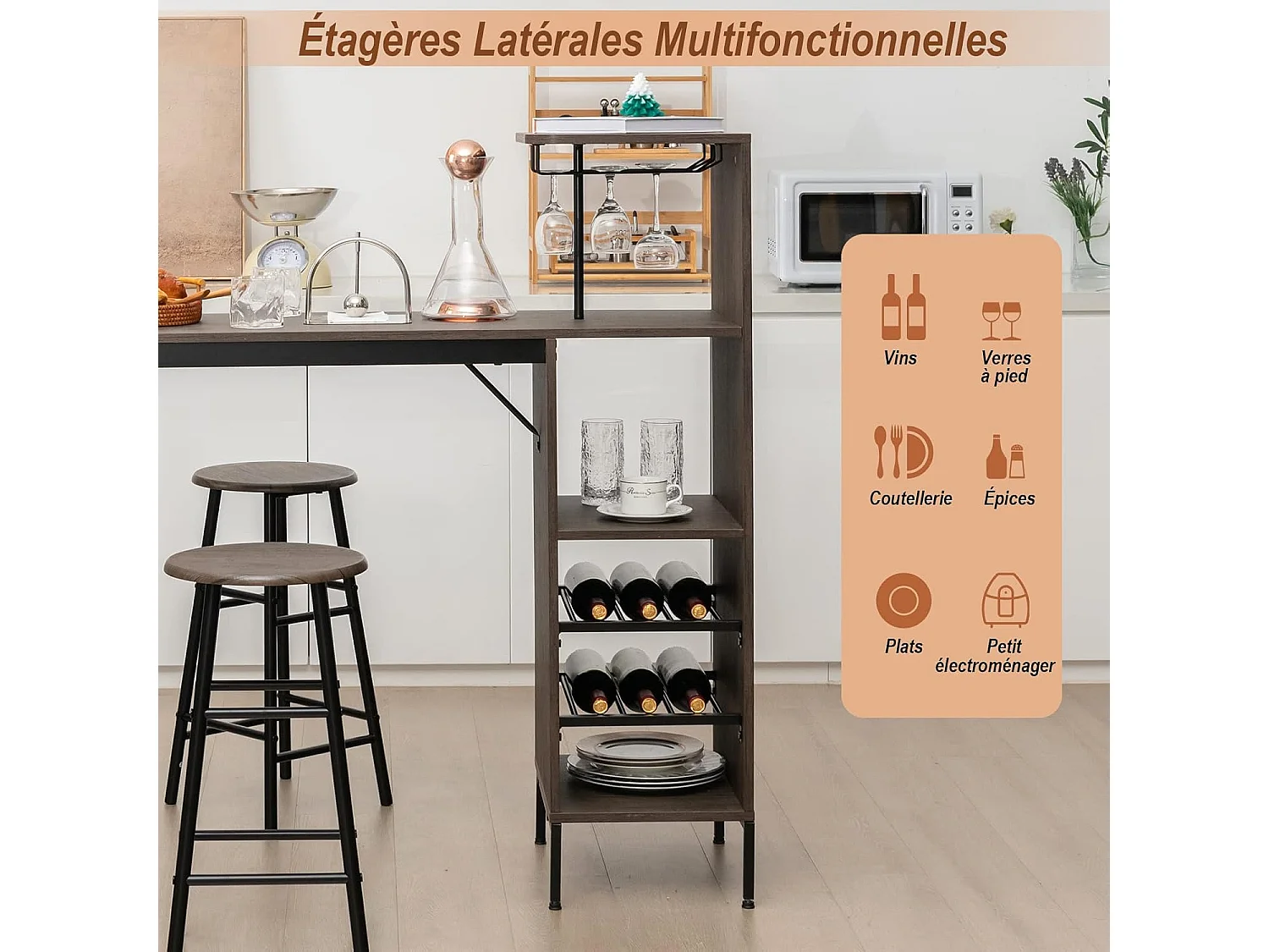 Table Haute Cuisine avec Tabouret,  avec Porte-Verre Porte-Bouteilles, Table Bar avec Tabouret 2 Personnes Compact, Marron