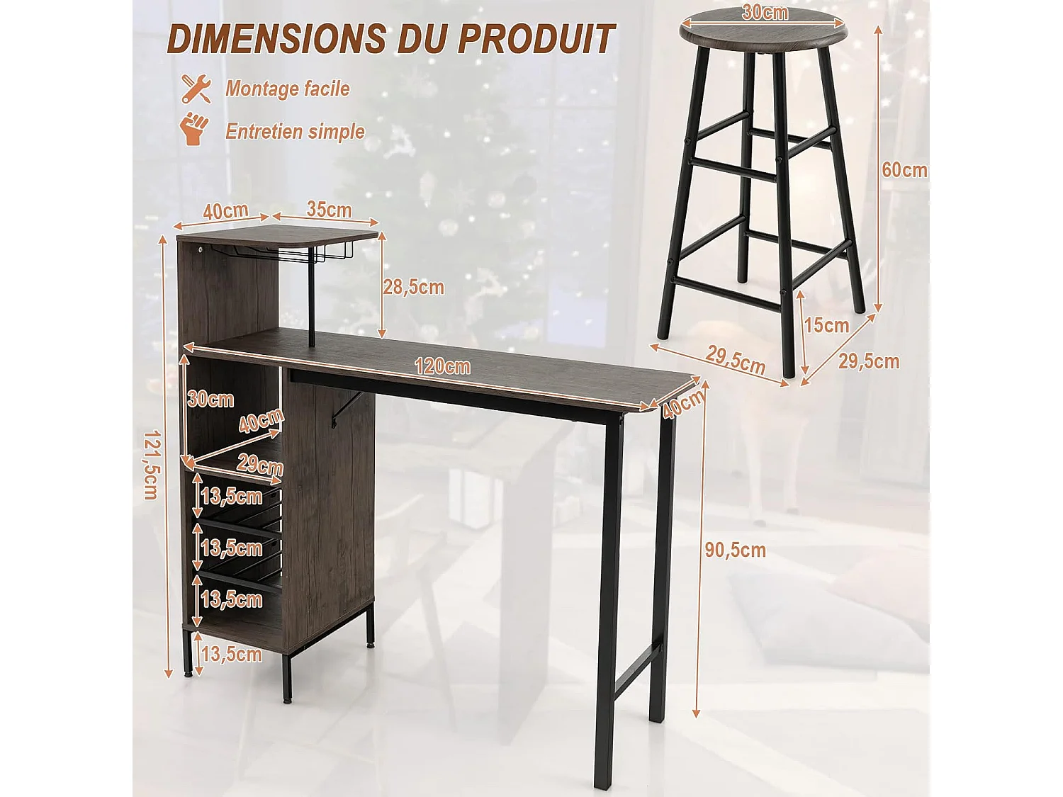 Table Haute Cuisine avec Tabouret,  avec Porte-Verre Porte-Bouteilles, Table Bar avec Tabouret 2 Personnes Compact, Marron