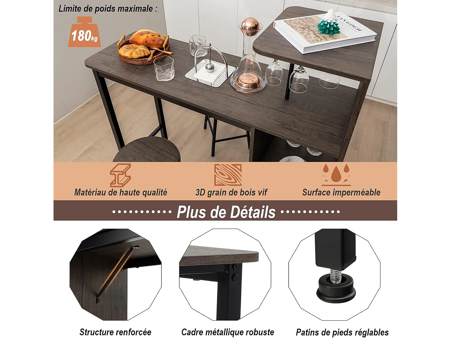 Table Haute Cuisine avec Tabouret,  avec Porte-Verre Porte-Bouteilles, Table Bar avec Tabouret 2 Personnes Compact, Marron