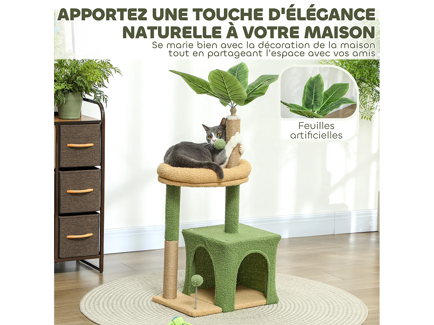 Arbre à chat design tropical - niche, panier observation, jeux boules, griffoirs - effet laine bouclée beige vert