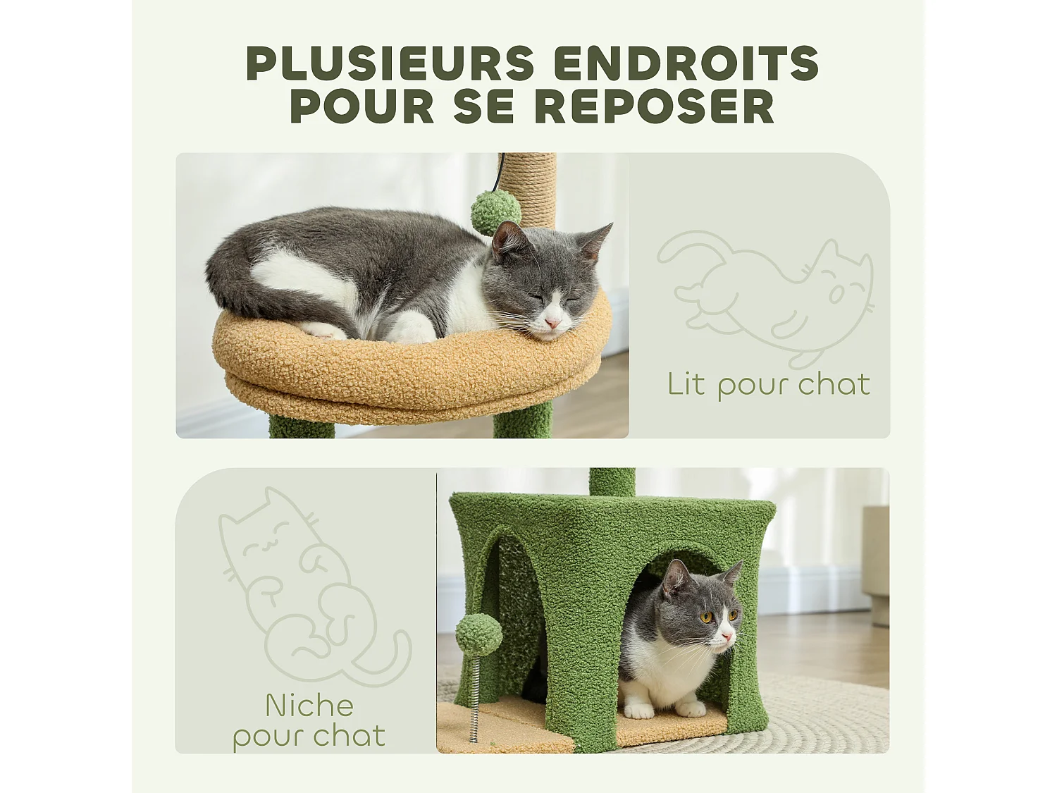 Arbre à chat design tropical - niche, panier observation, jeux boules, griffoirs - effet laine bouclée beige vert