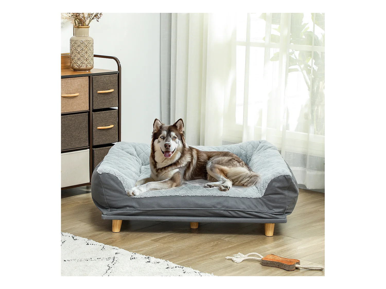 Canapé pour chien grande taille dim. 100L x 70l x 30H cm - housse zippée lavable - bois polyester gris