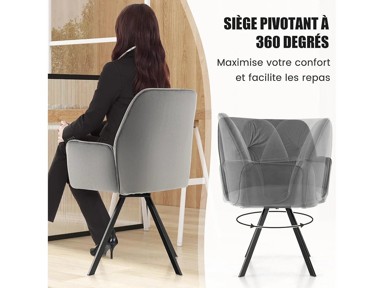 Lot de 2 chaise de salle à manger, pivotantes à 360°, charge 136kg chaque chaise, gris