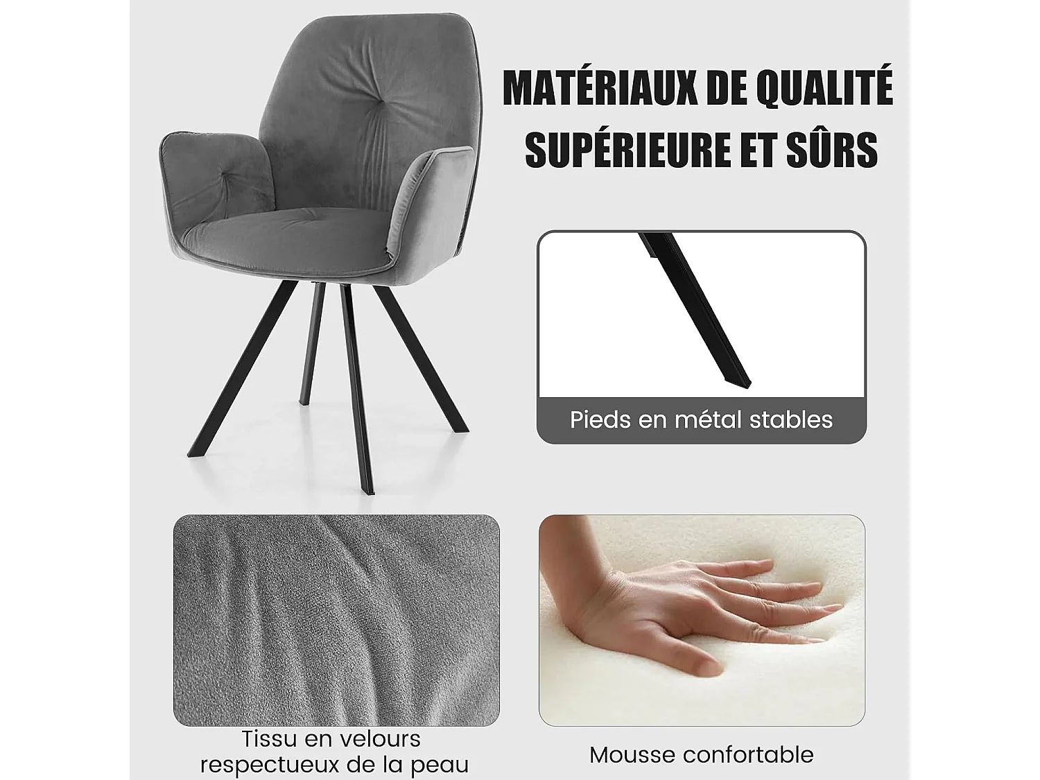 Lot de 2 chaise de salle à manger, pivotantes à 360°, charge 136kg chaque chaise, gris