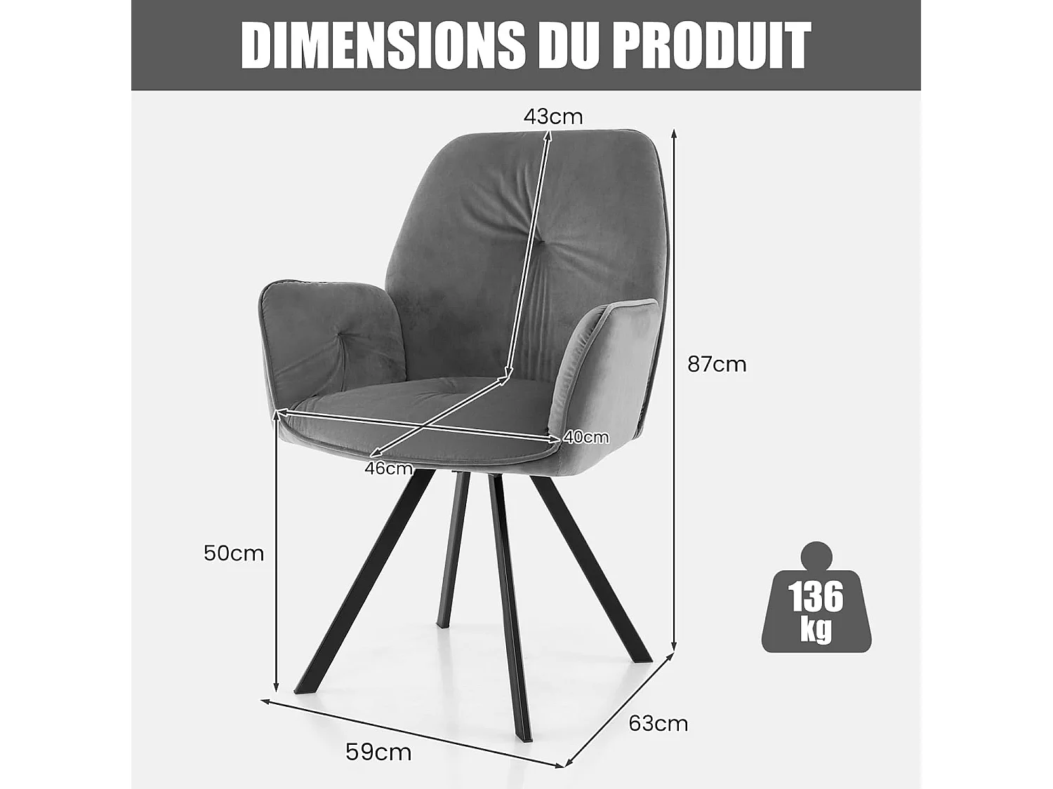 Lot de 2 chaise de salle à manger, pivotantes à 360°, charge 136kg chaque chaise, gris