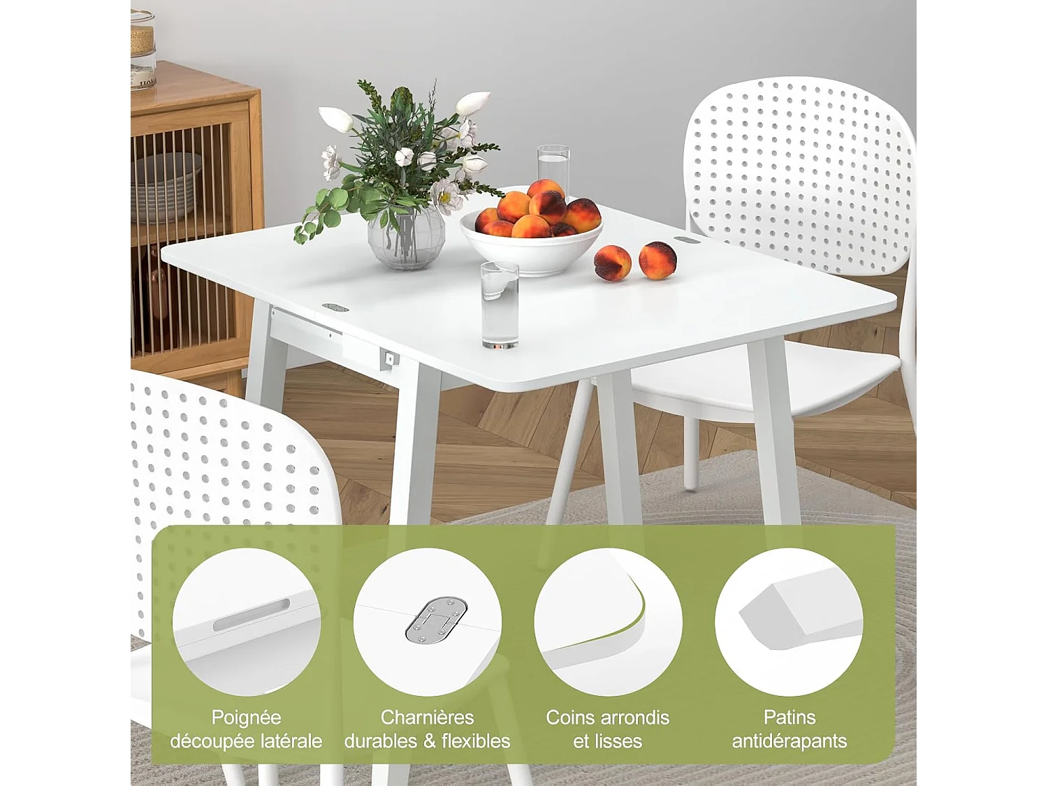 Table pliante cuisine, extensible, rangement caché, rabattable,  50-100 cm(blanc)