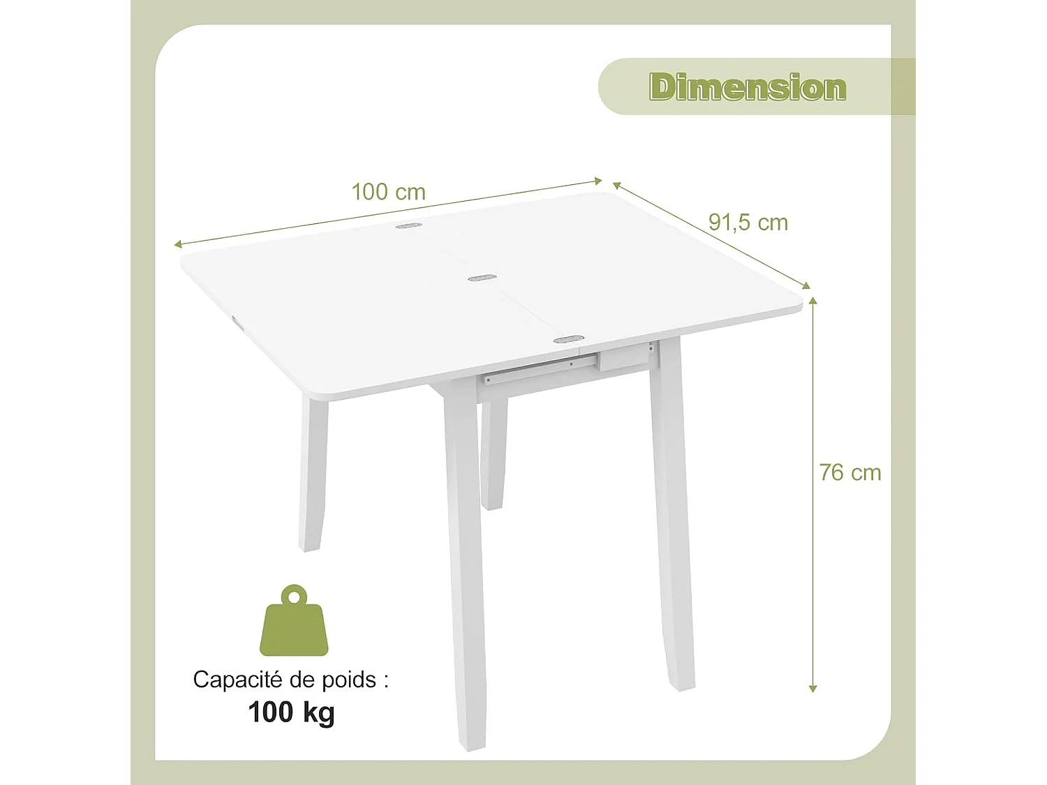 Table pliante cuisine, extensible, rangement caché, rabattable,  50-100 cm(blanc)