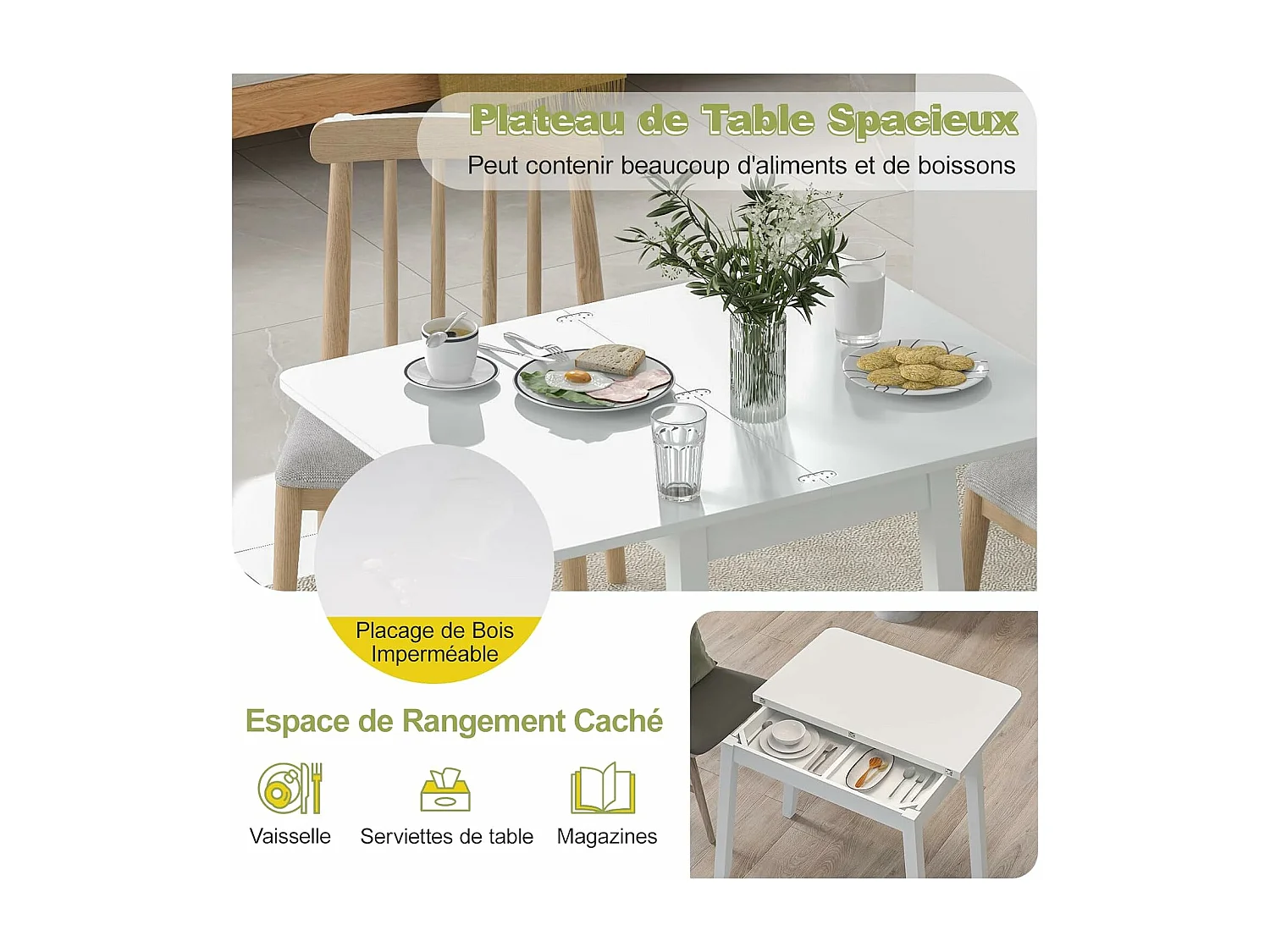Table pliante cuisine, extensible, rangement caché, rabattable,  50-100 cm(blanc)