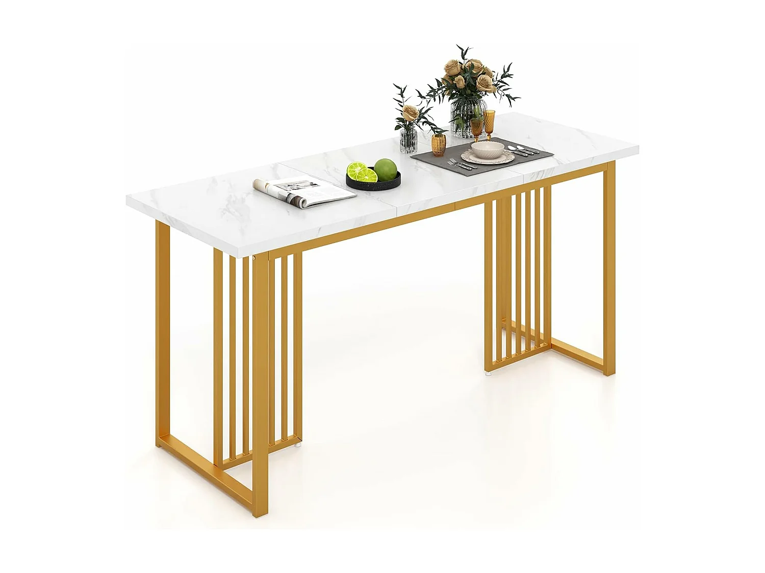 Table salle à manger de 160 cm pour 6-8 personnes, pieds métalliques doré