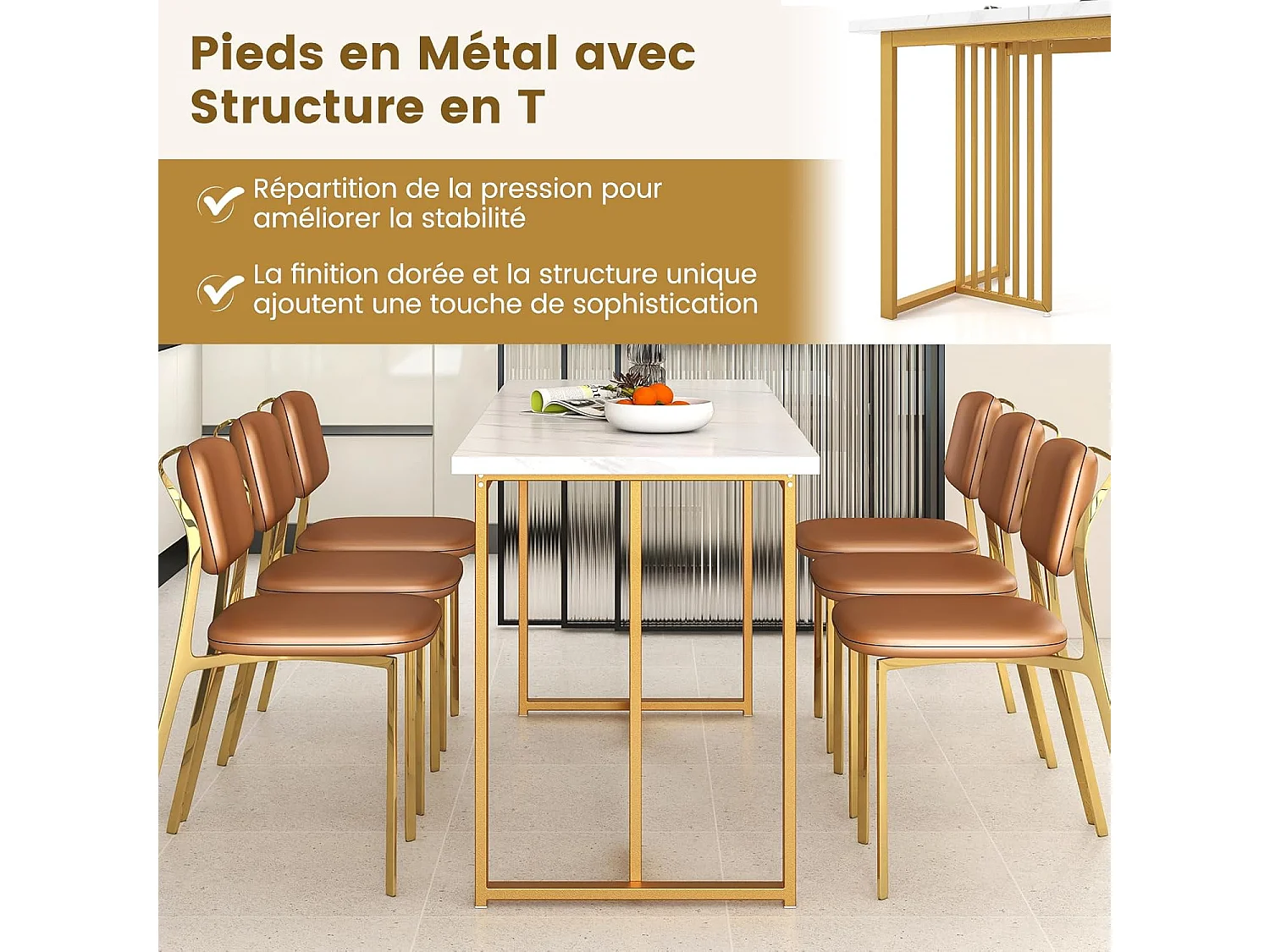 Table salle à manger de 160 cm pour 6-8 personnes, pieds métalliques doré