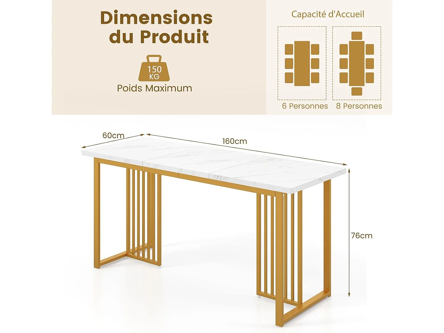 Table salle à manger de 160 cm pour 6-8 personnes, pieds métalliques doré