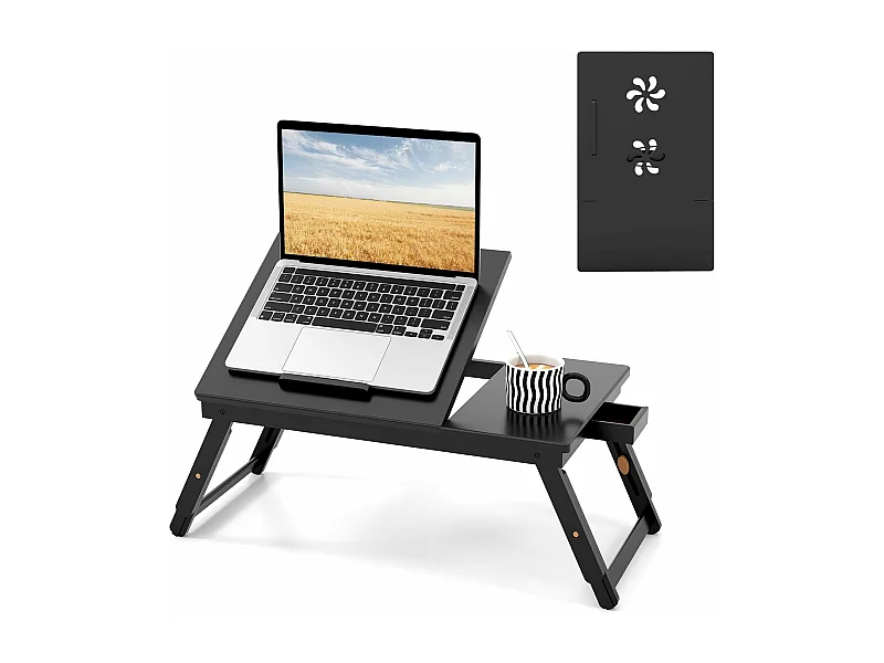 Table de lit pliable 53 x 33 cm, plateau avec pieds réglables et plateau (marron)