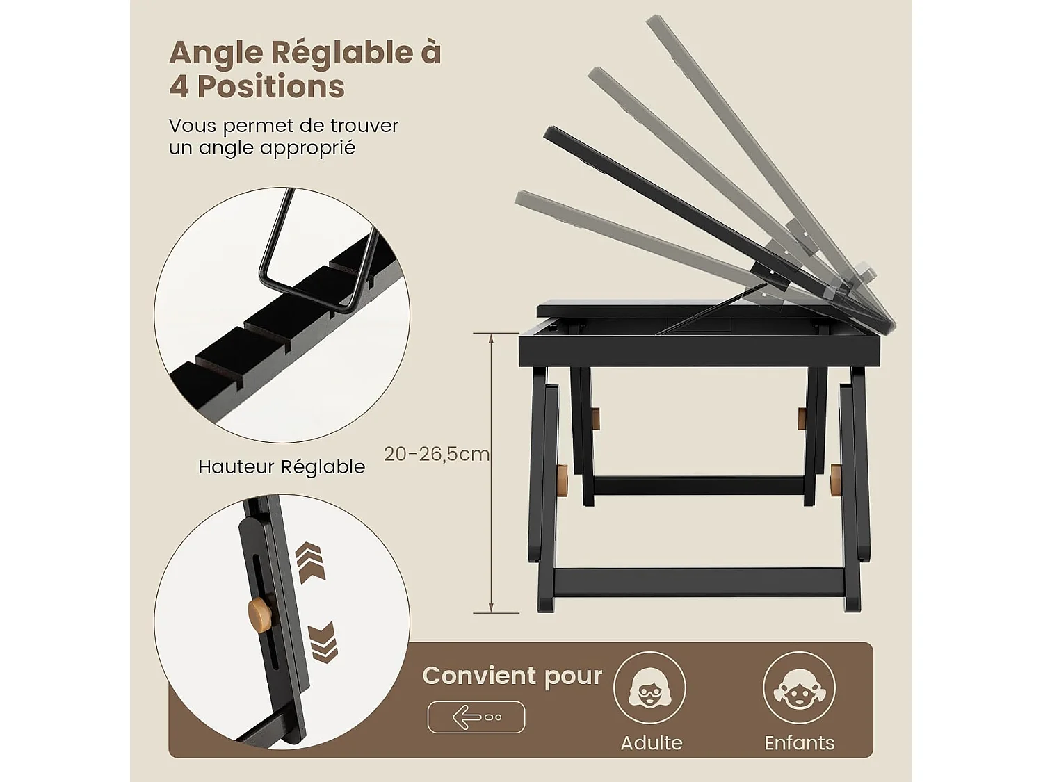 Table de lit pliable 53 x 33 cm, plateau avec pieds réglables et plateau (marron)