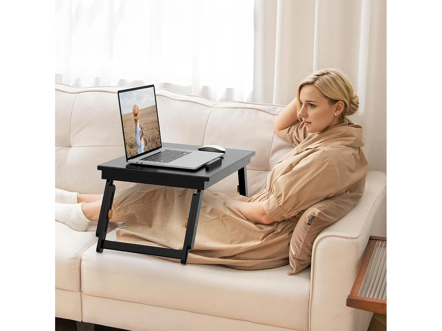 Table de lit pliable 53 x 33 cm, plateau avec pieds réglables et plateau (marron)