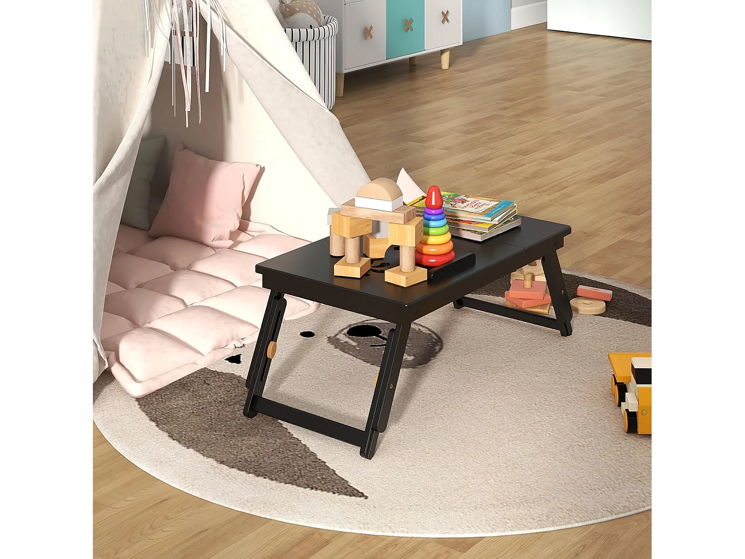 Table de lit pliable 53 x 33 cm, plateau avec pieds réglables et plateau (marron)