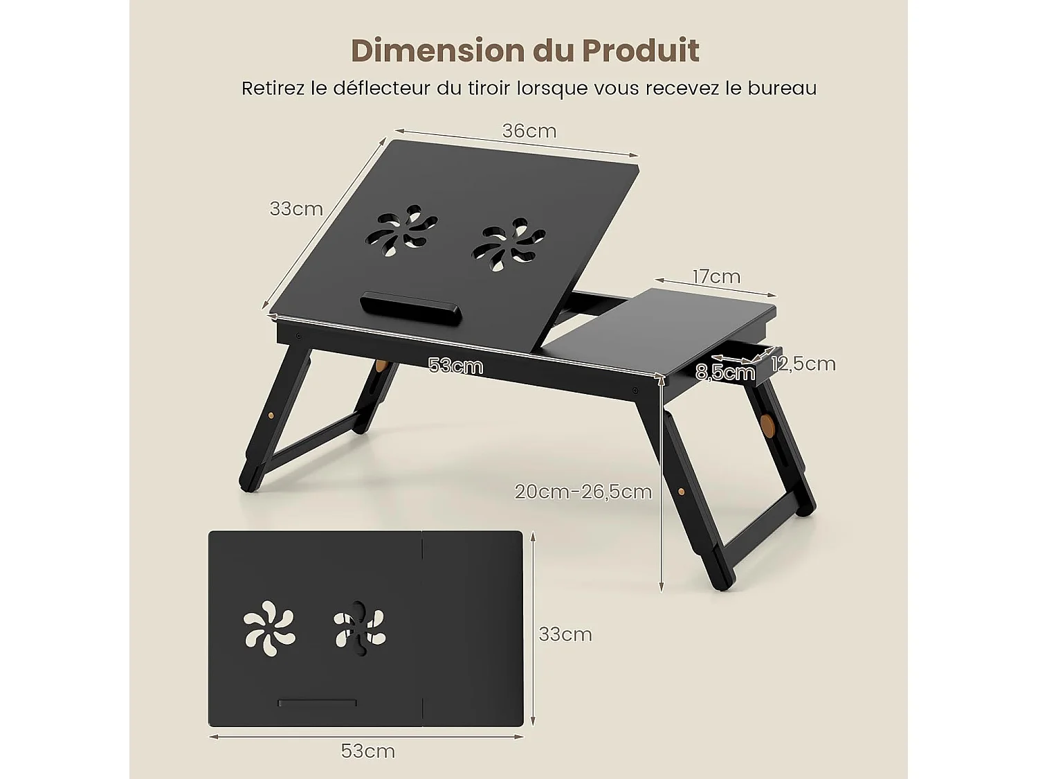 Table de lit pliable 53 x 33 cm, plateau avec pieds réglables et plateau (marron)