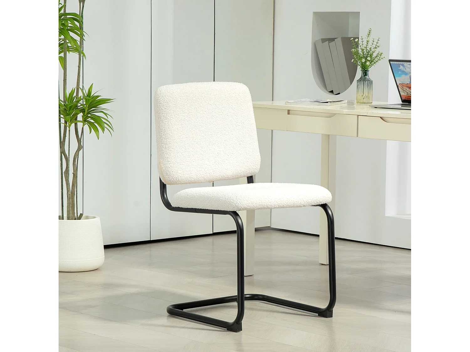 Chaise design cantilever - chaise visiteur - métal noir effet laine bouclée blanc crème