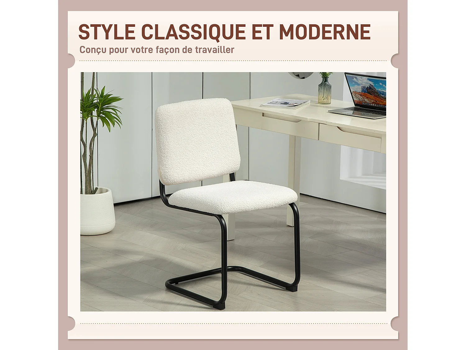 Chaise design cantilever - chaise visiteur - métal noir effet laine bouclée blanc crème