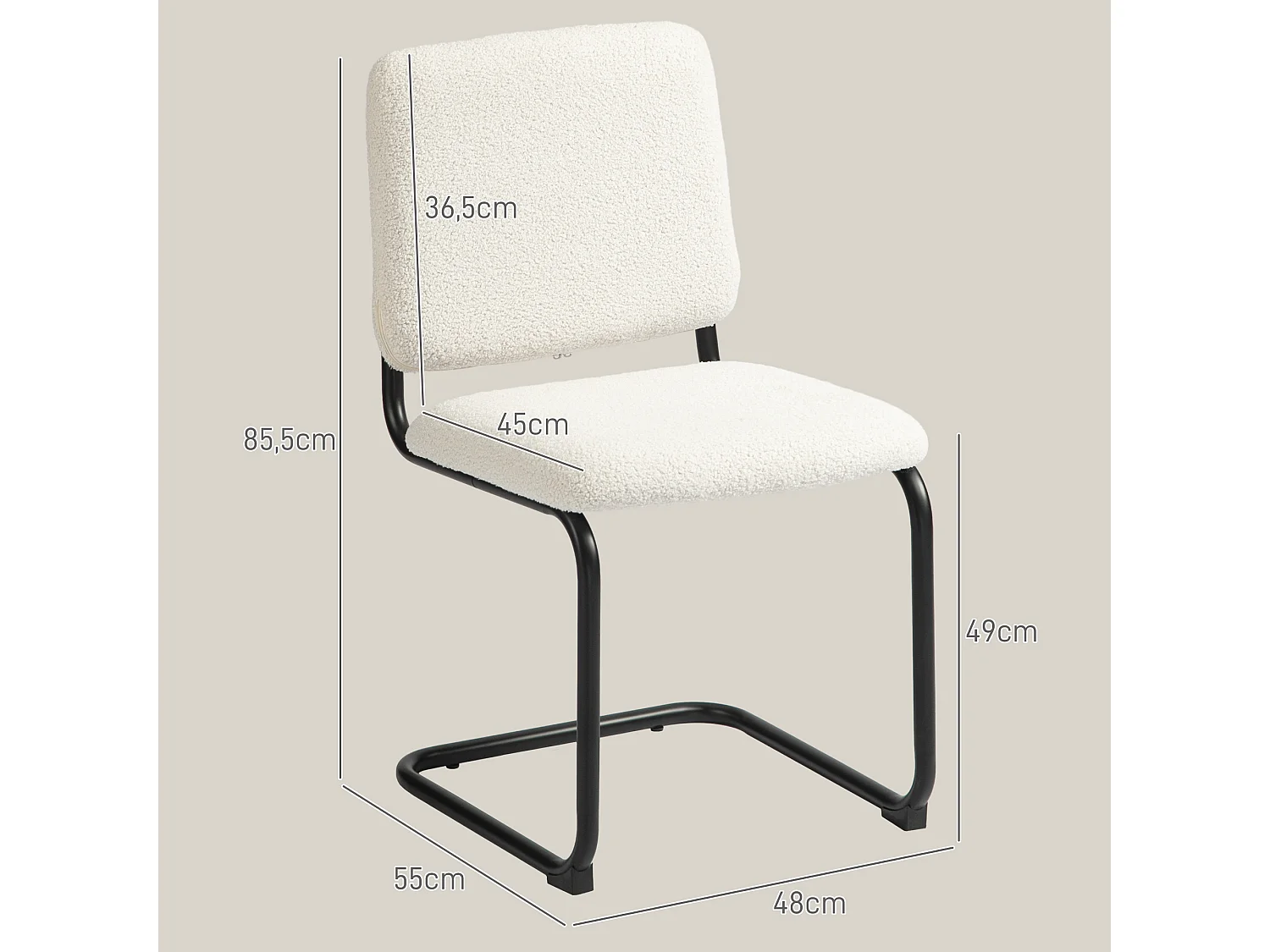 Chaise design cantilever - chaise visiteur - métal noir effet laine bouclée blanc crème