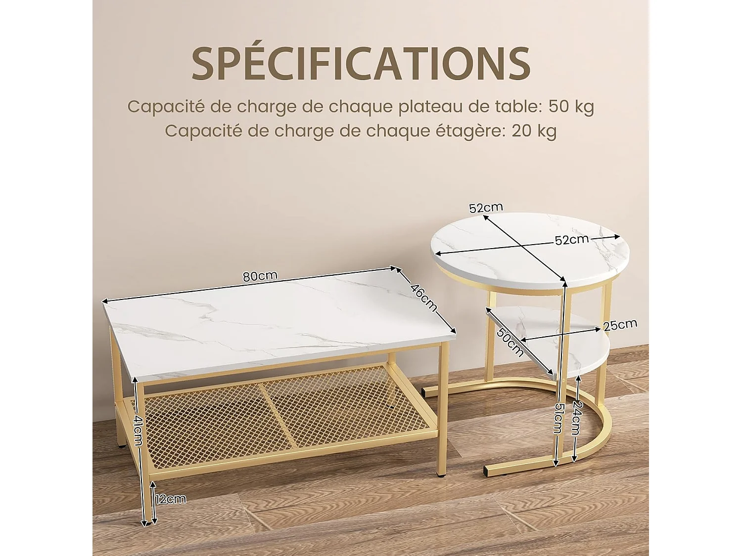 Tables Basses Gigognes Lot de 2, Table Gigogne Design Marbre, Cadre en Métal Doré, Table Basse Salon Rectangulaire, Table d'Appoint Ronde pour Canapé, Salon, Chambre