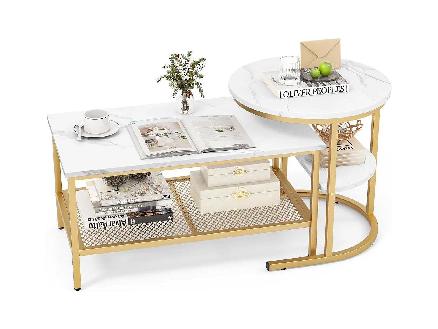 Tables Basses Gigognes Lot de 2, Table Gigogne Design Marbre, Cadre en Métal Doré, Table Basse Salon Rectangulaire, Table d'Appoint Ronde pour Canapé, Salon, Chambre