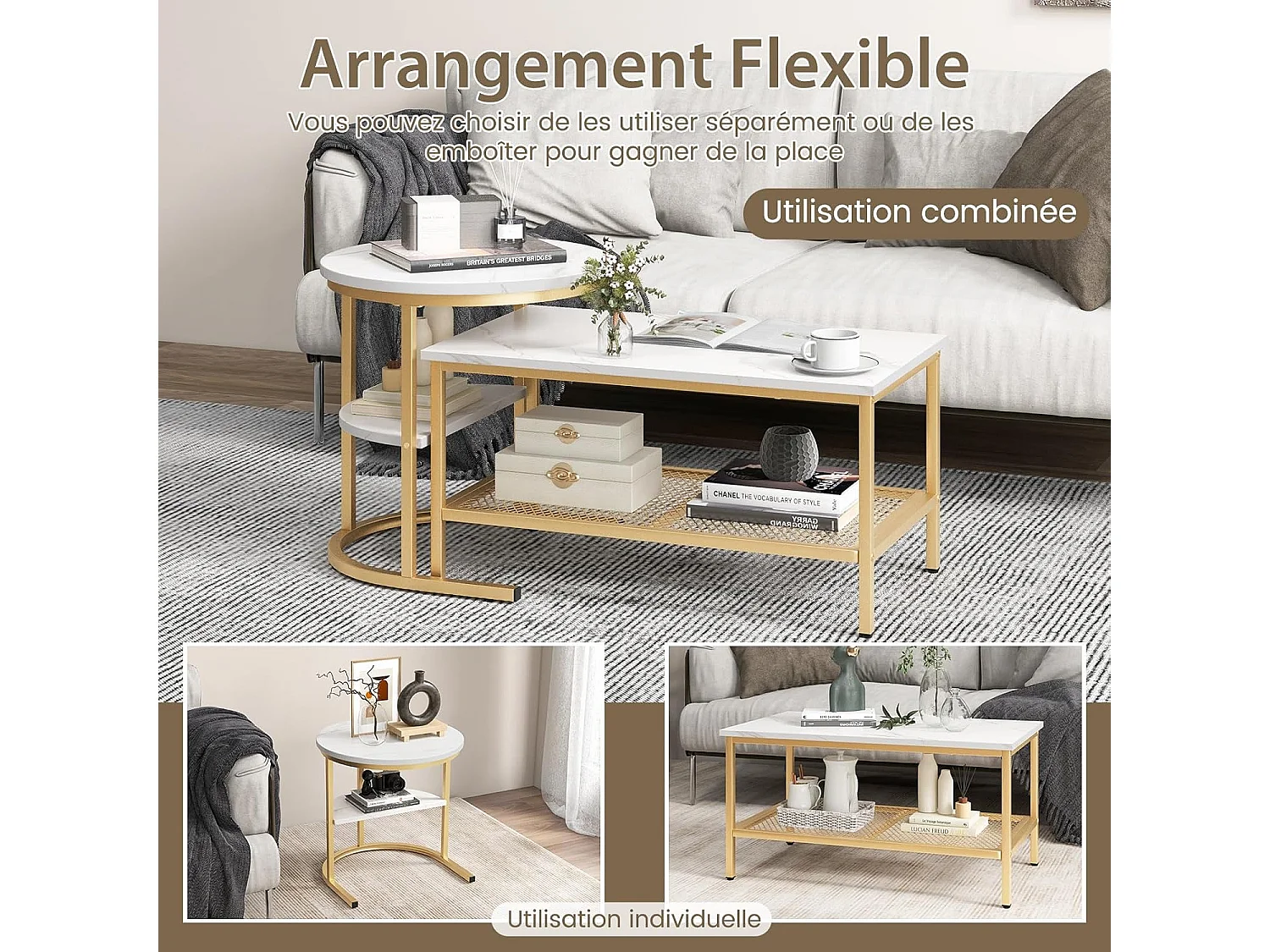 Tables Basses Gigognes Lot de 2, Table Gigogne Design Marbre, Cadre en Métal Doré, Table Basse Salon Rectangulaire, Table d'Appoint Ronde pour Canapé, Salon, Chambre